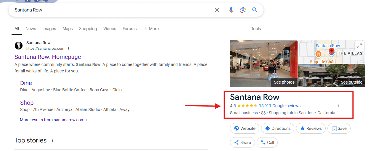google business profile view of santana row reviews of santana row in san jose california