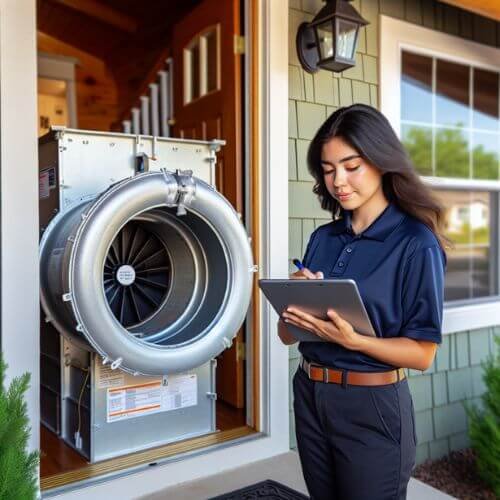 Technician records HVAC details HVAC system inspection